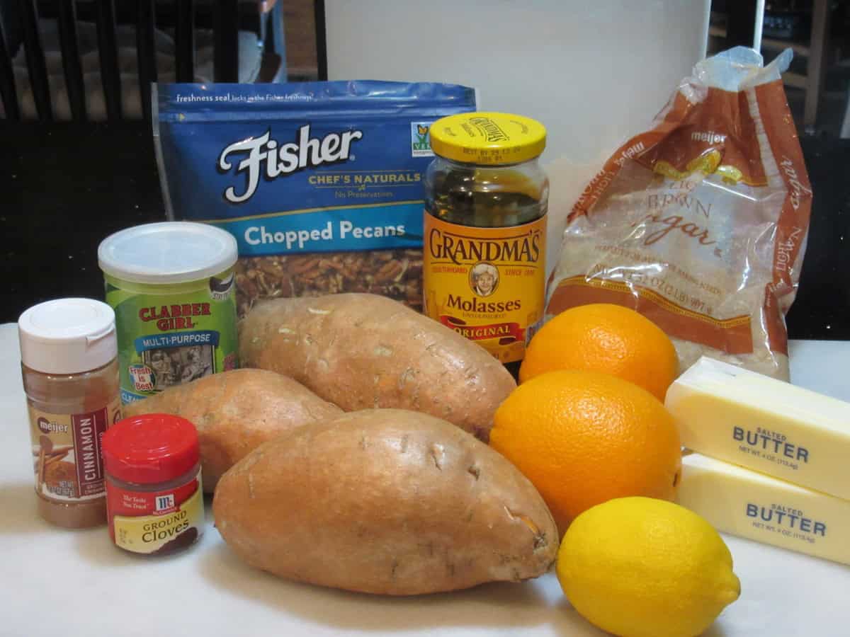 The assembled ingredients for making Amish Sweet Potato Cookies on a countertop.