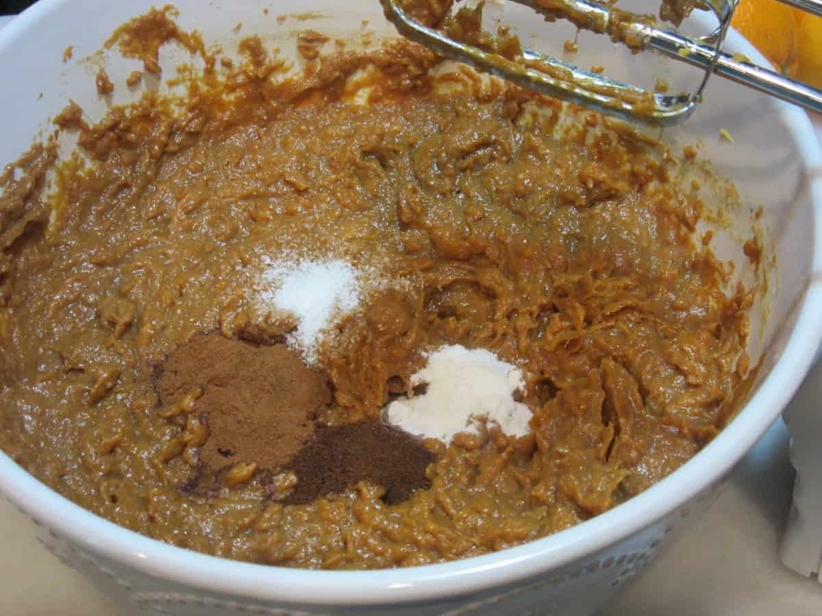 Salt, spices and baking leavenings added into a bowl with sweet potato cookie dough.
