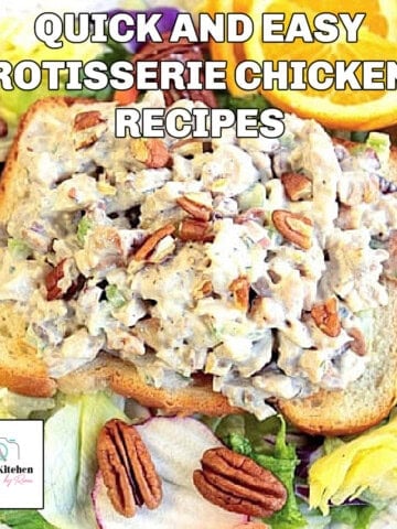 A orange cashew chicken salad sandwich for an easy rotisserie chicken recipes collection at Kudos Kitchen by Renee.