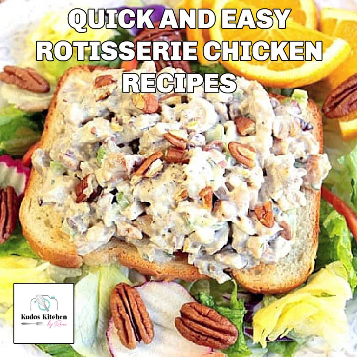 A orange cashew chicken salad sandwich for an easy rotisserie chicken recipes collection at Kudos Kitchen by Renee.