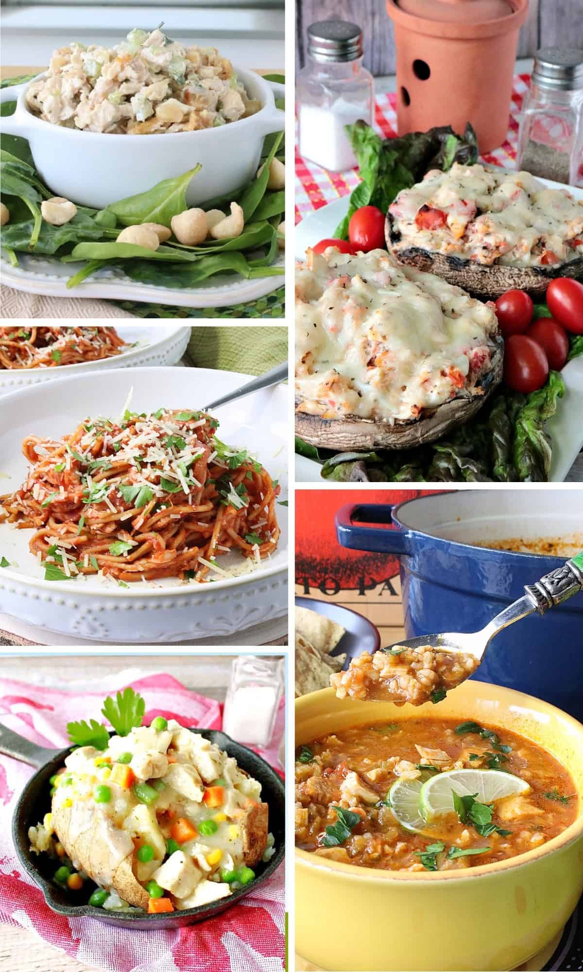 A six image collage of easy rotisserie chicken recipes from Kudos Kitchen by Renee.