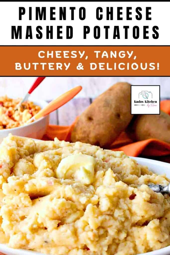 A tablespoon of melted butter on top of a pile of pimento cheese mashed potatoes in a white bowl.