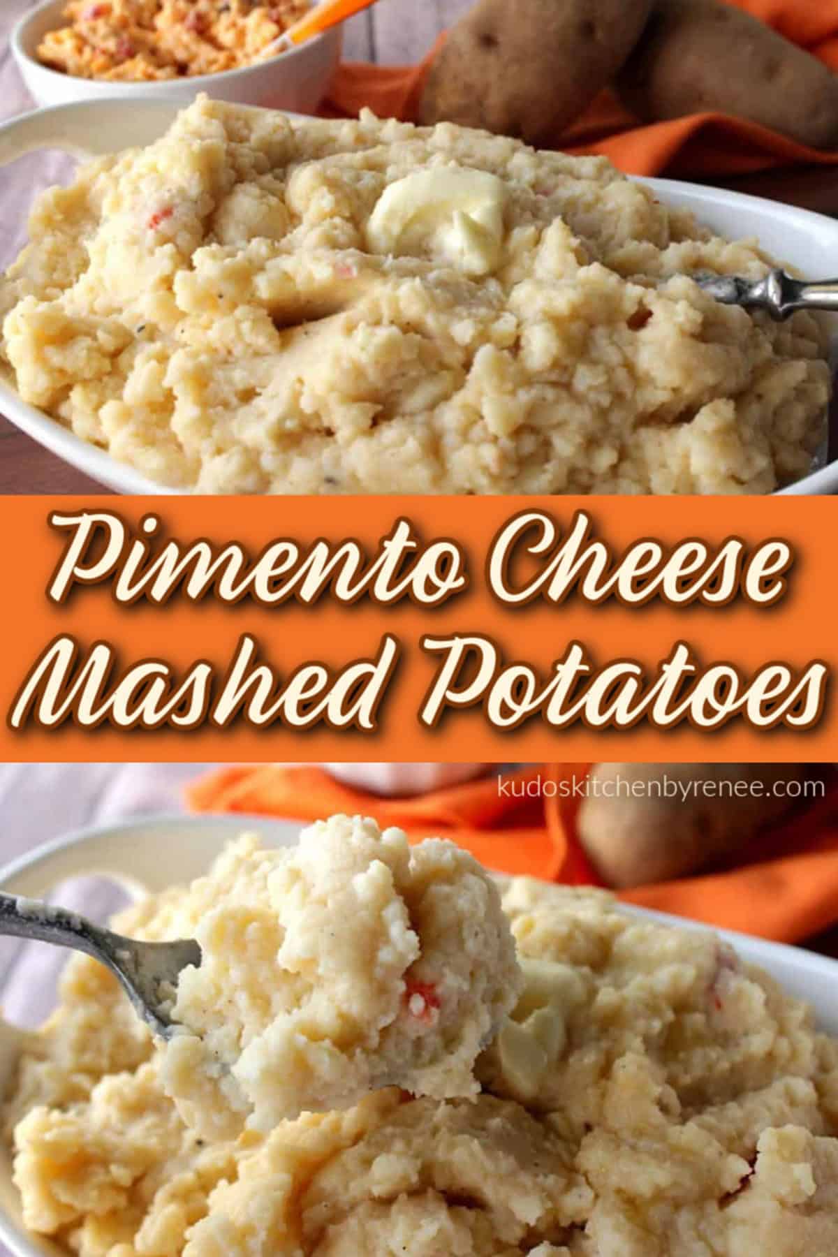 Not that traditional mashed potatoes needed help in the favorites category, but then again why not give them a little update? These Zippy Pimento Cheese Mashed Potatoes are everything! - Kudos Kitchen by Renee - kudoskitchenbyrenee.com A two image collage along with a title text for pimento cheese mashed potatoes.