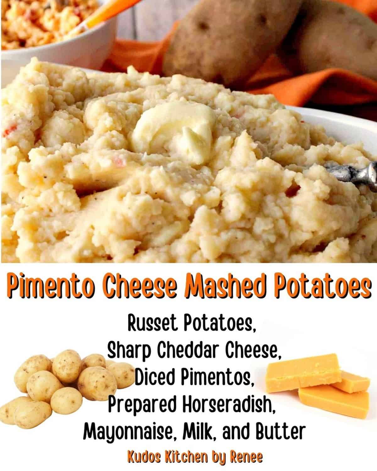 The ingredient list and an image of pimento cheese mashed potatoes.