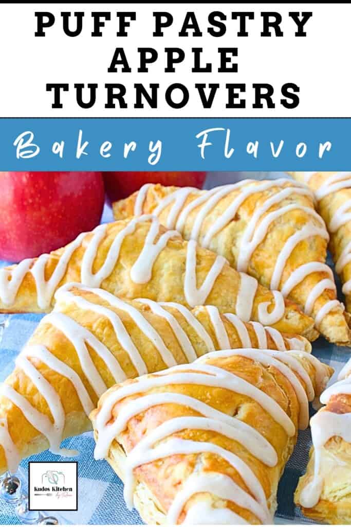 Puff pastry apple turnovers drizzled with white icing on a glass platter.