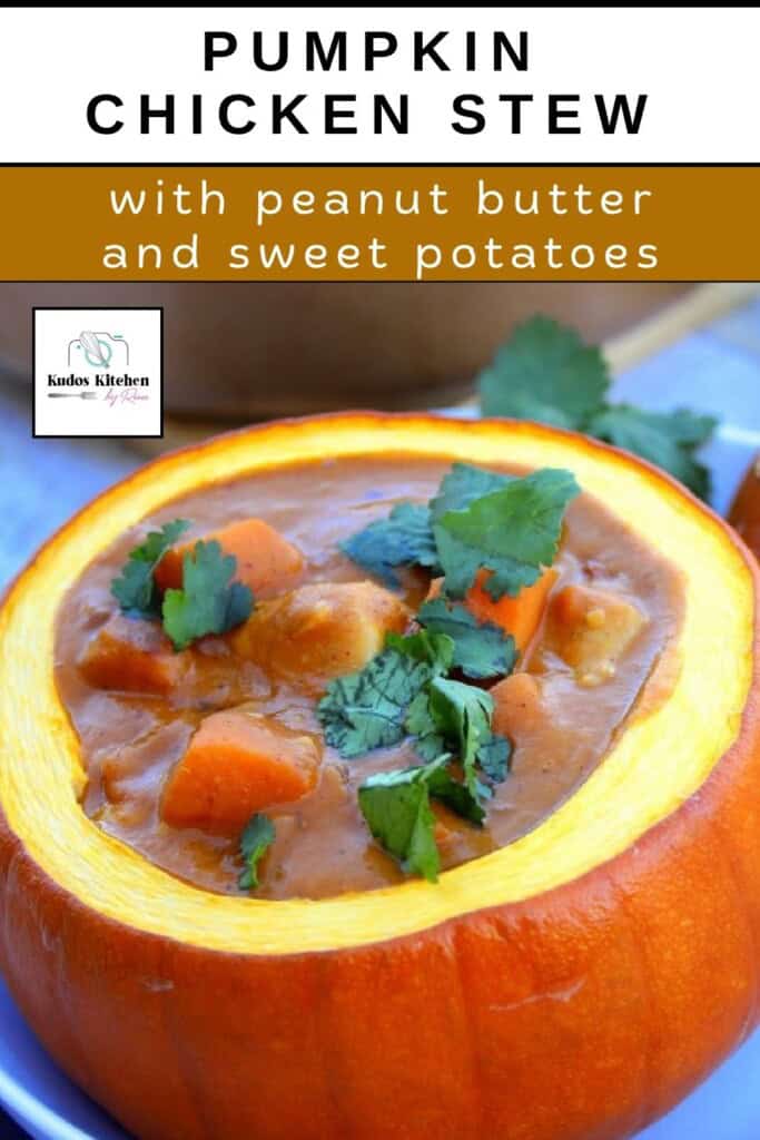 A real roasted pumpkin bowl filled with pumpkin chicken stew with sweet potatoes and peanut butter.
