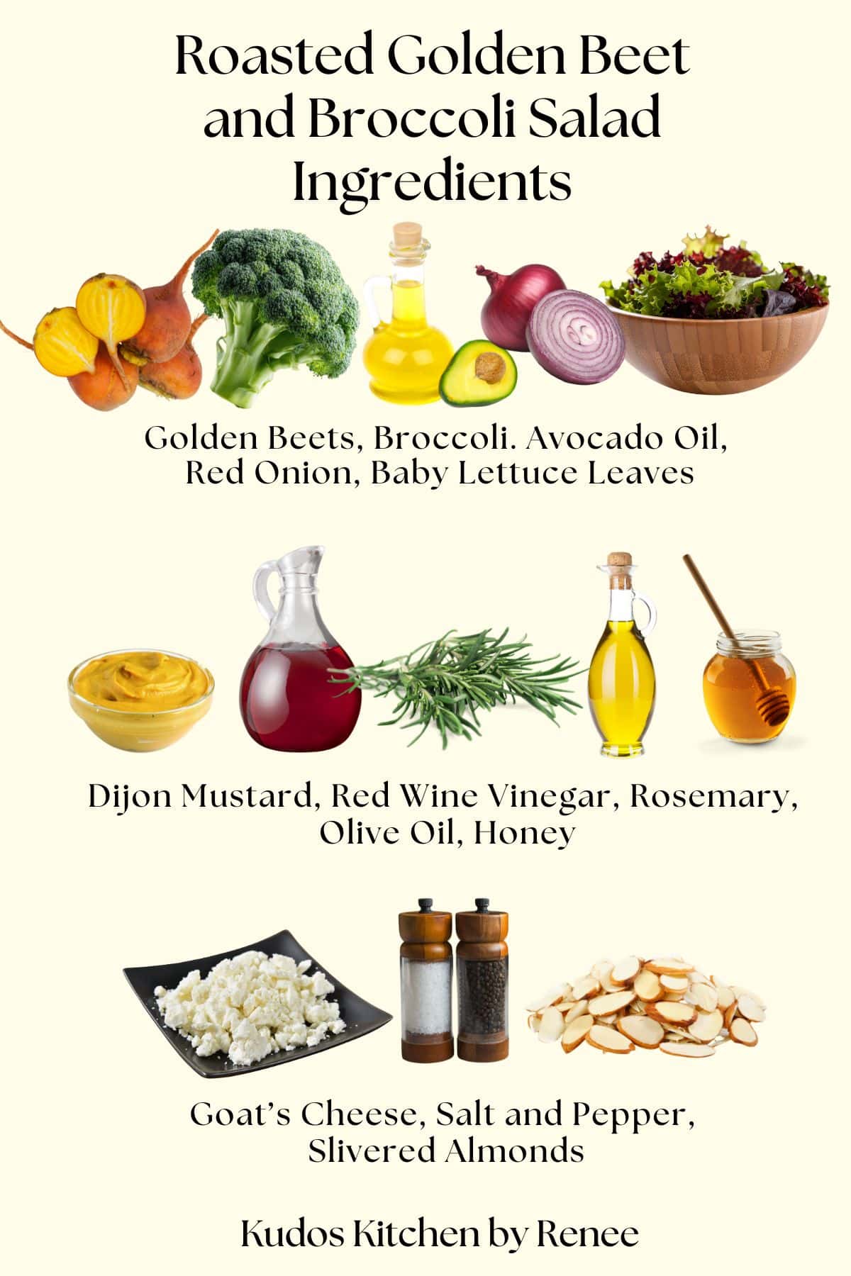 A visual ingredient list with all the ingredients needed to make a roasted golden beet and broccoli salad.