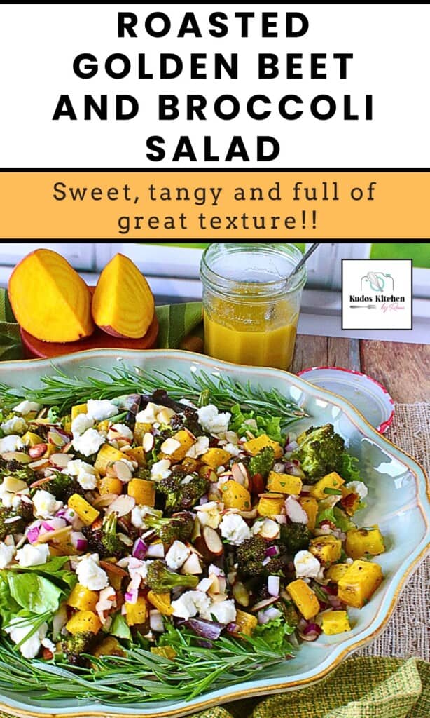 A beautiful green and gold salad of roasted golden beets and broccoli along with goat cheese.