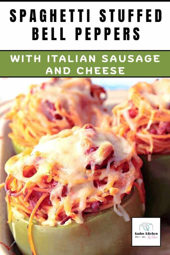 Melted cheese topped spaghetti with sauce stuffed into a green bell pepper.