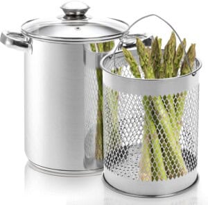 A tall asparagus pot with a mesh insert.