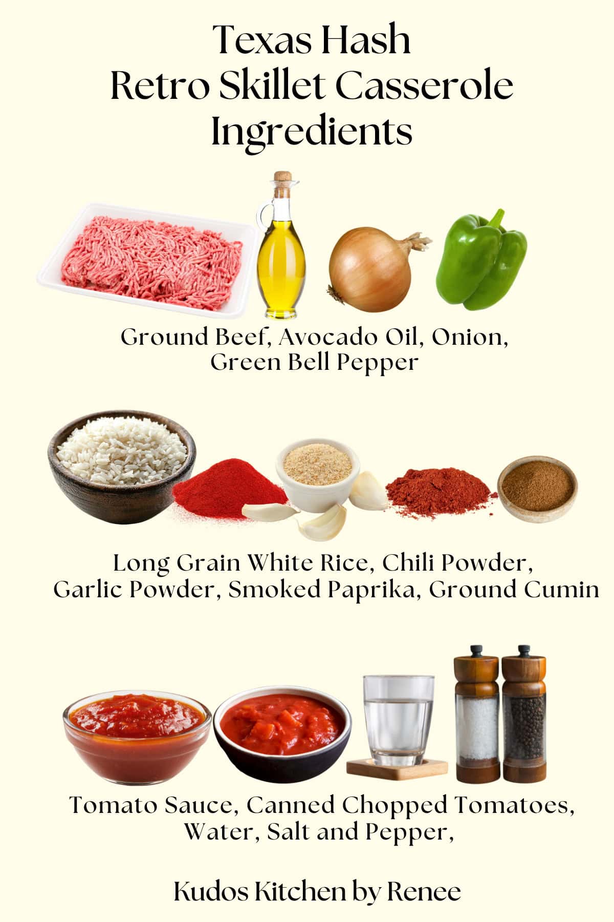 A visual ingredient list for everything it takes to make Texas Hash Retro Skillet Casserole.