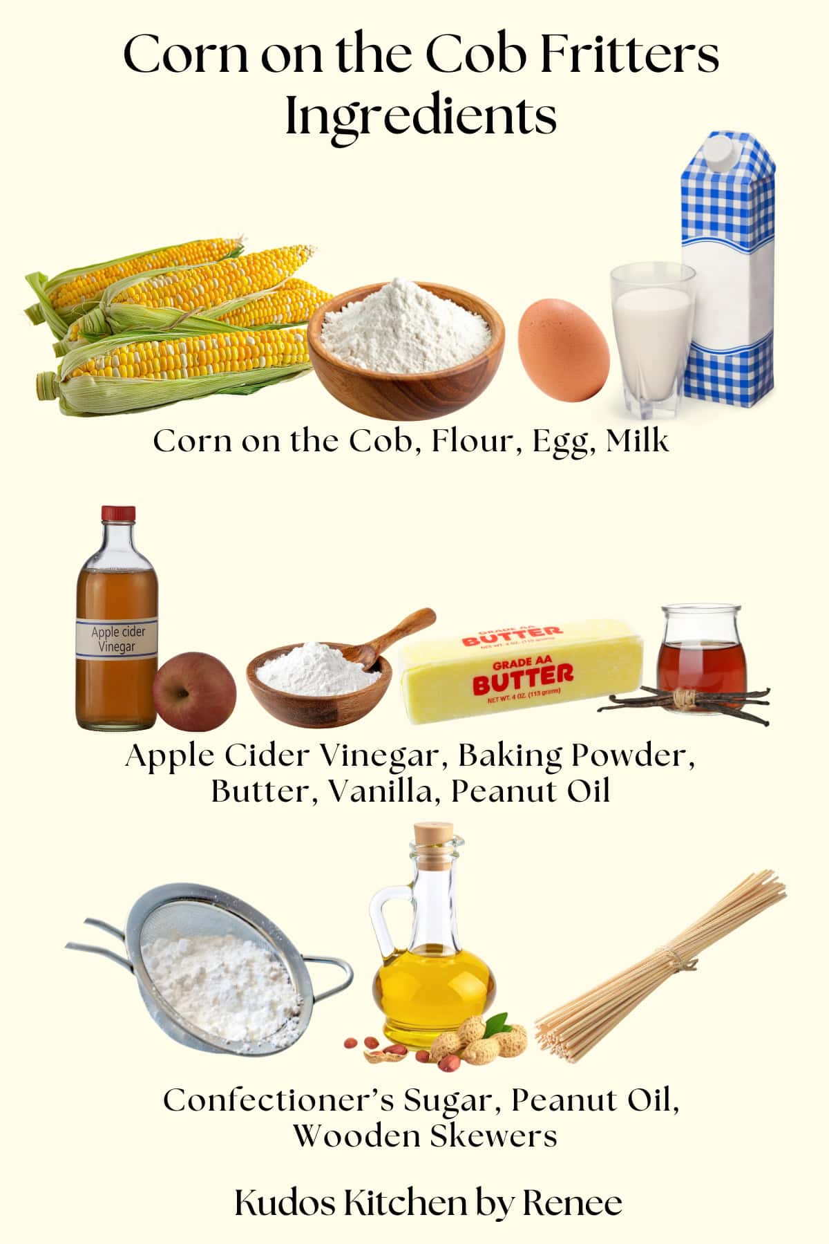 A visual product ingredient list for making corn on the cob fritters.