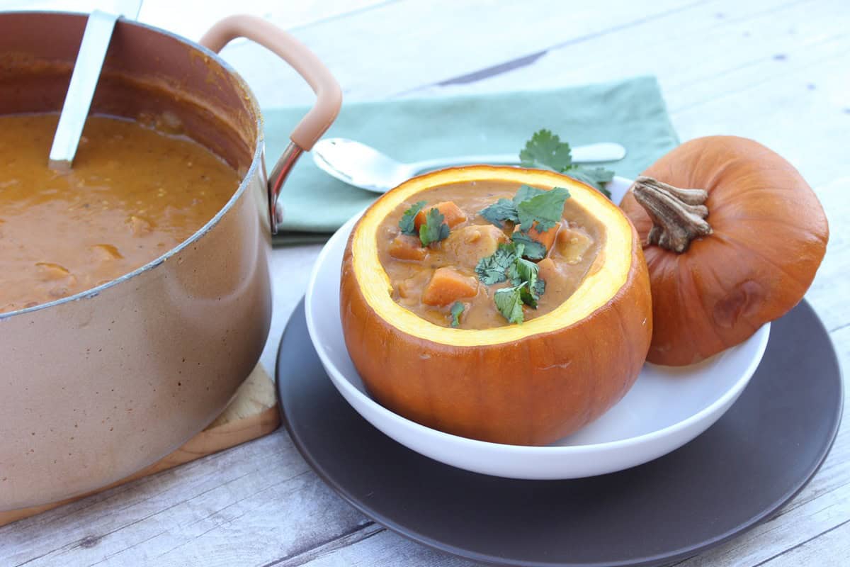 Peanut Butter, Chicken and Pumpkin Stew A pot of chicken pumpkin stew off to the side of a serving of stew in a small pie pumpkin for presentation.
