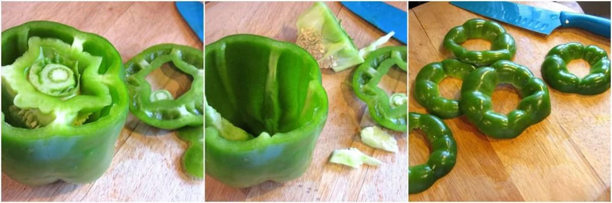Cleaning and prepping bell peppers for stuffing with spaghetti.