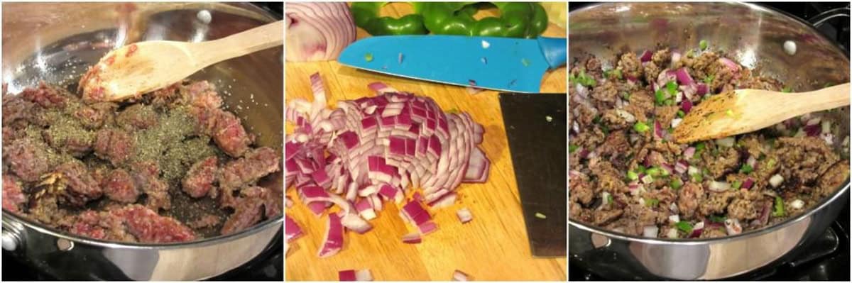 Browning and seasoning Italian sausage for stuffing into bell peppers with spaghetti.
