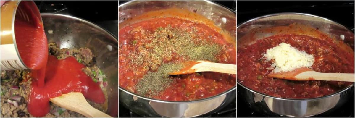 Making the Italian sausage tomato sauce for stuffing into peppers.