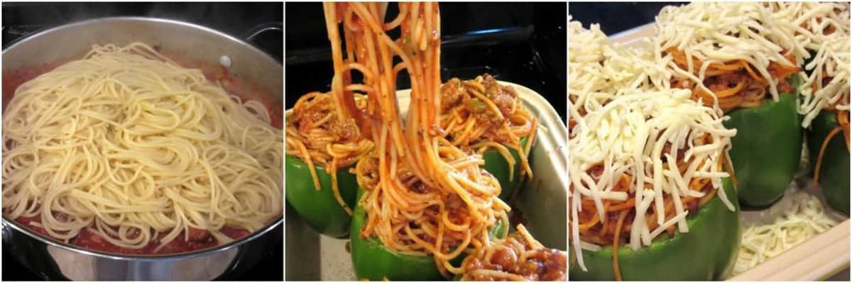 Saucing spaghetti and stuffing it into prepared bell pepper shells.