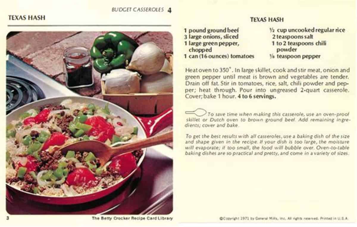 An old recipe card from Betty Crocker library for Texas Hash.