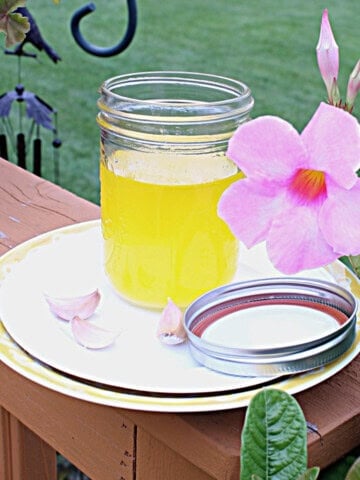 A tropical pink flower next to a mason jar filled with golden garlic ghee.