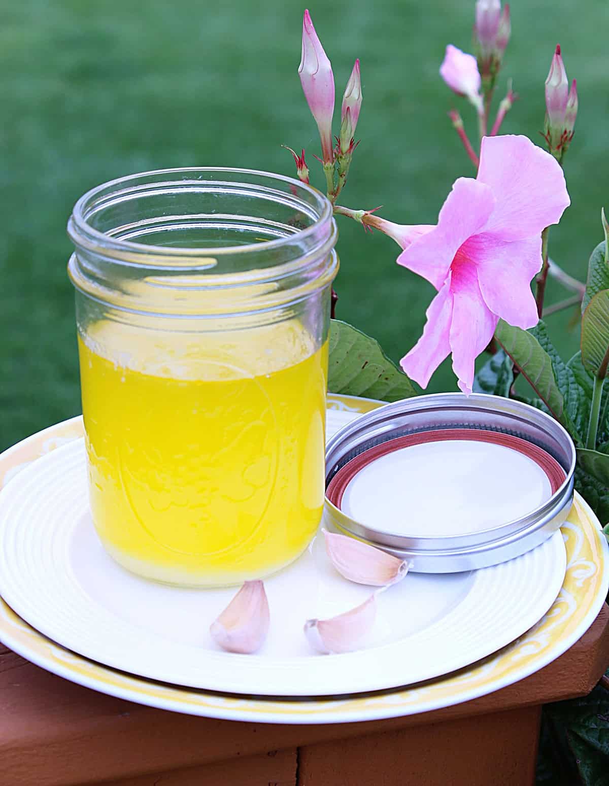 A pretty pink flower next to a jar of homemade garlic ghee on a plate.