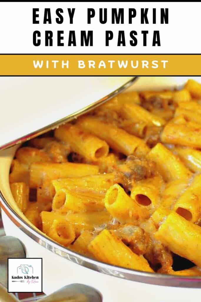 Creamy and cheesy rigatoni with pumpkin cream sauce and crumbled bratwurst.