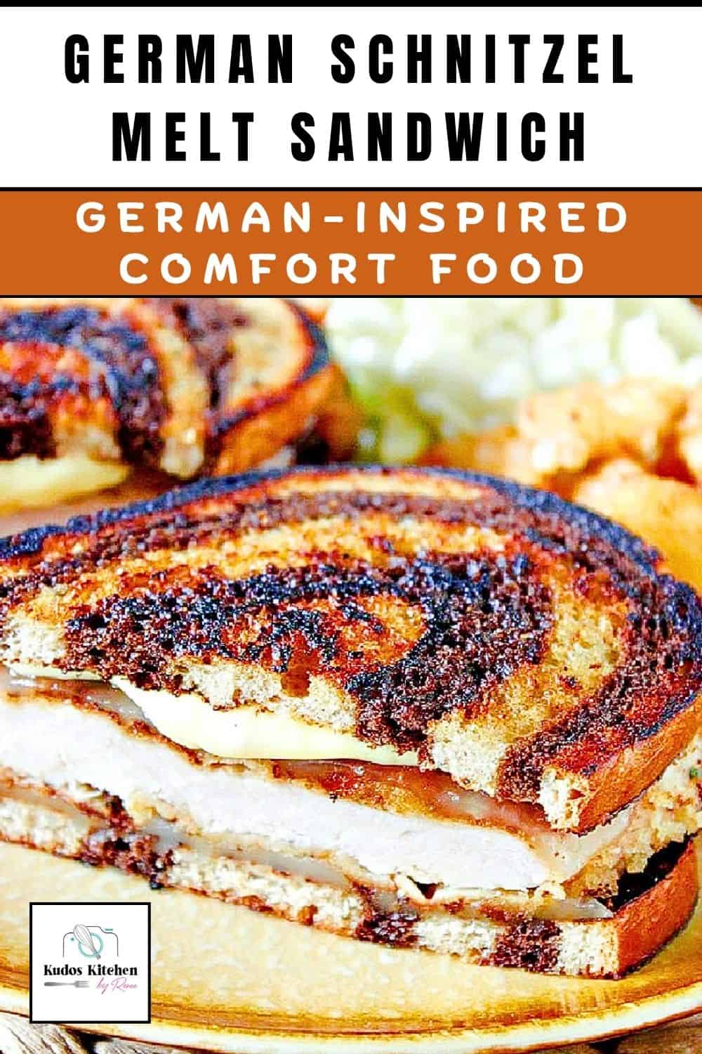 A toasted marble rye bread sandwich with melted Swiss cheese and pork schnitzel.