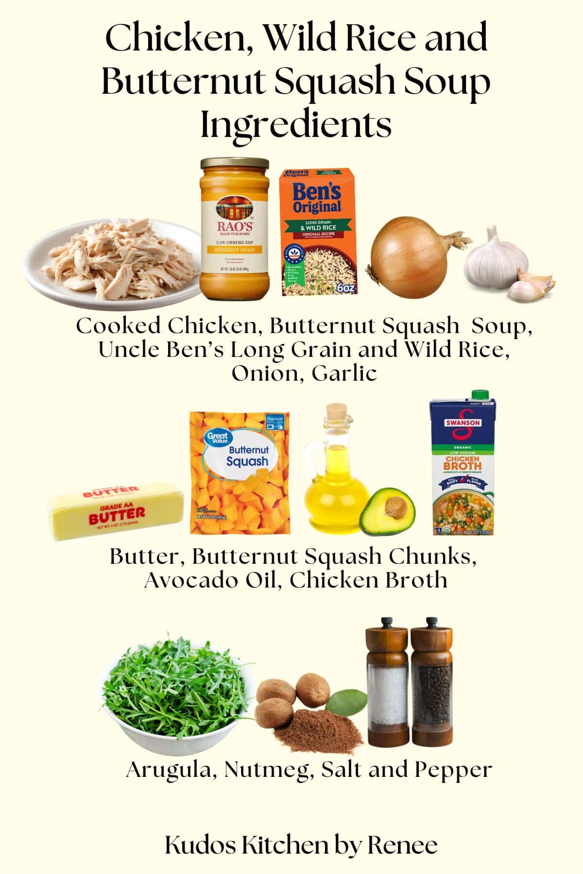 A visual product ingredient list for everything needed to make chicken and wild rice soup.