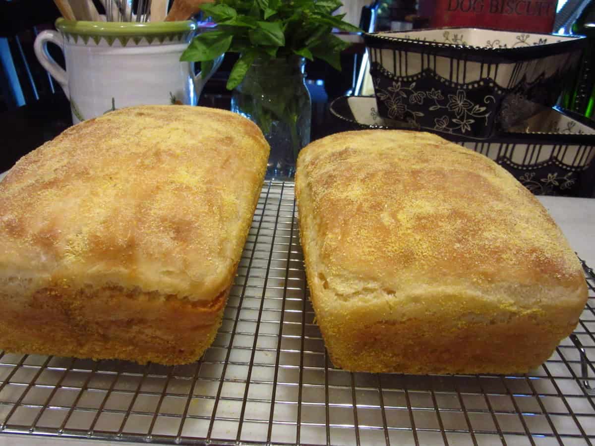 Two baked English muffin bread loaves on a wire rack to cool.