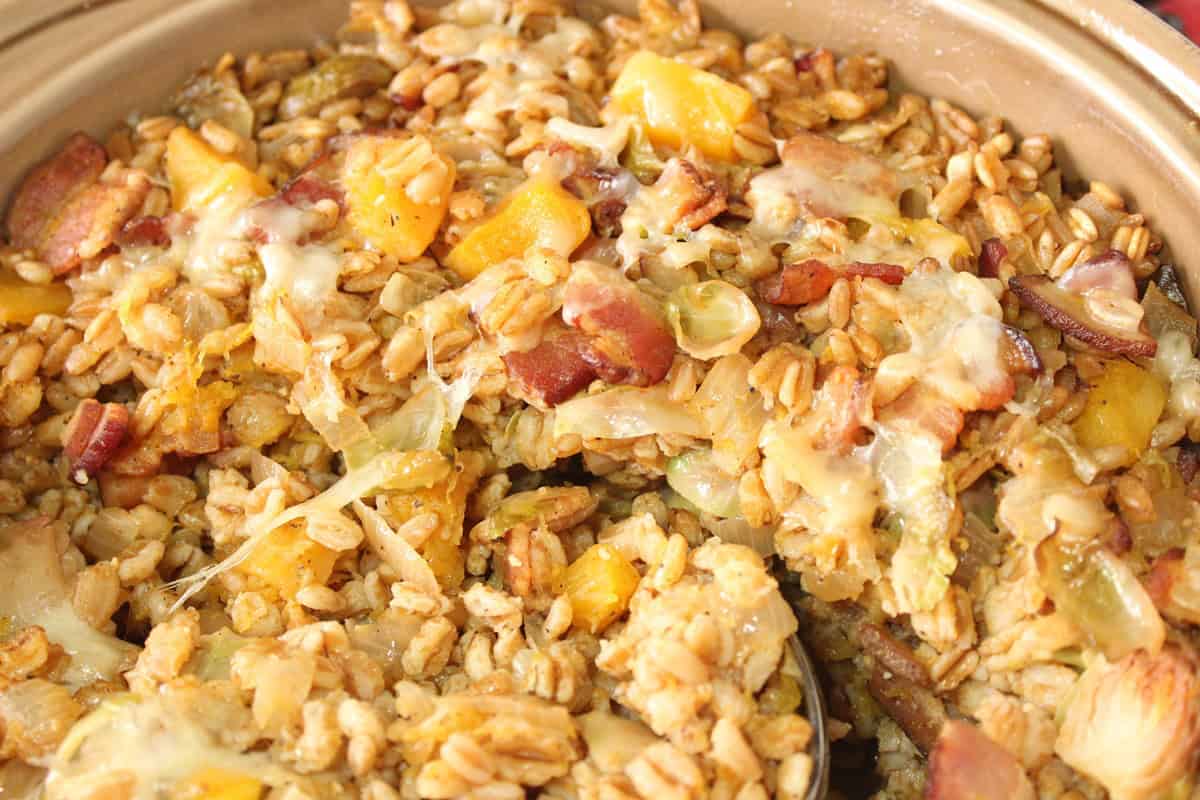 Baked Farro Casserole with Butternut Squash, Bacon and Brussels Sprouts is a deliciously savory dish with plenty of healthy whole grains and tons of texture and taste. - kudoskitchenbyrenee.com A delicious looking baked farro casserole in a tan colored ceramic dish.