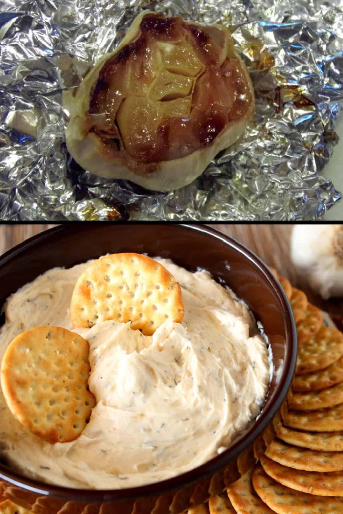 A roasted bulb of garlic along with a creamy roasted garlic dip with crackers sticking out.
