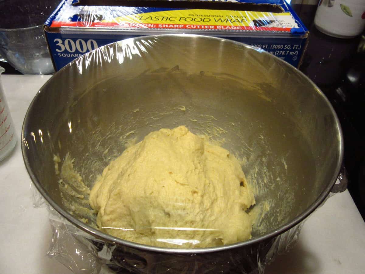 Plastic wrap covering a bowl with sticky, soft Sally Lunn batter bread dough.