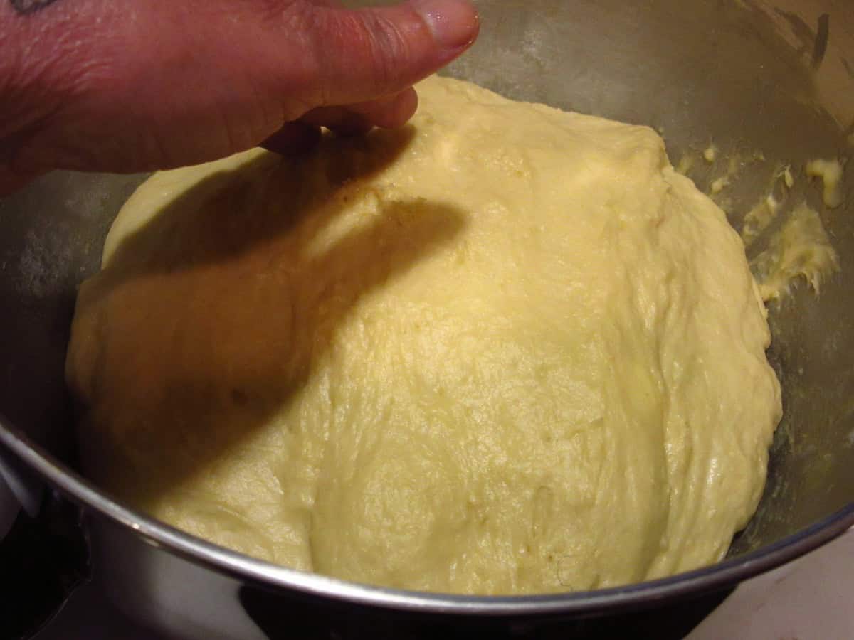 A Sally Lunn batter bread dough that has proofed to double it size.
