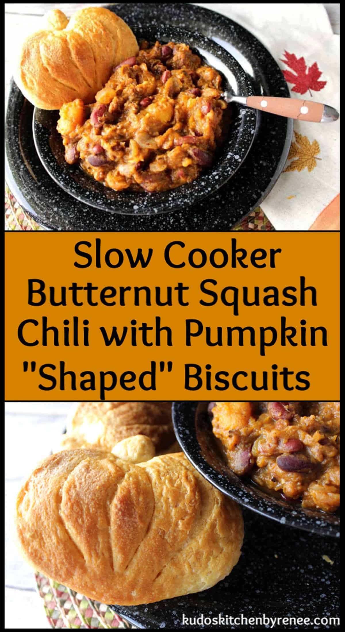 A two image collage of slow cooker butternut squash chili with sausage and biscuits.
