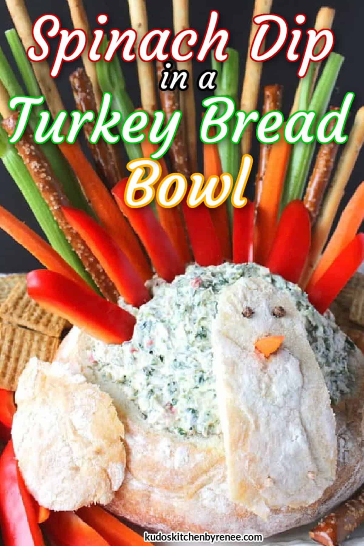 A cute and colorful Thanksgiving turkey bread bowl appetizer with a colorful title text.