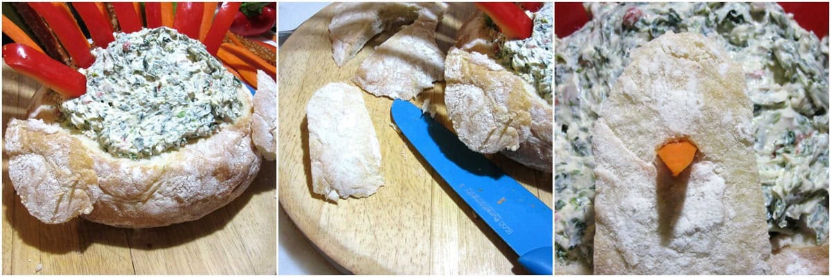 The steps to assembling a turkey bread bowl appetizer with spinach dip inside.