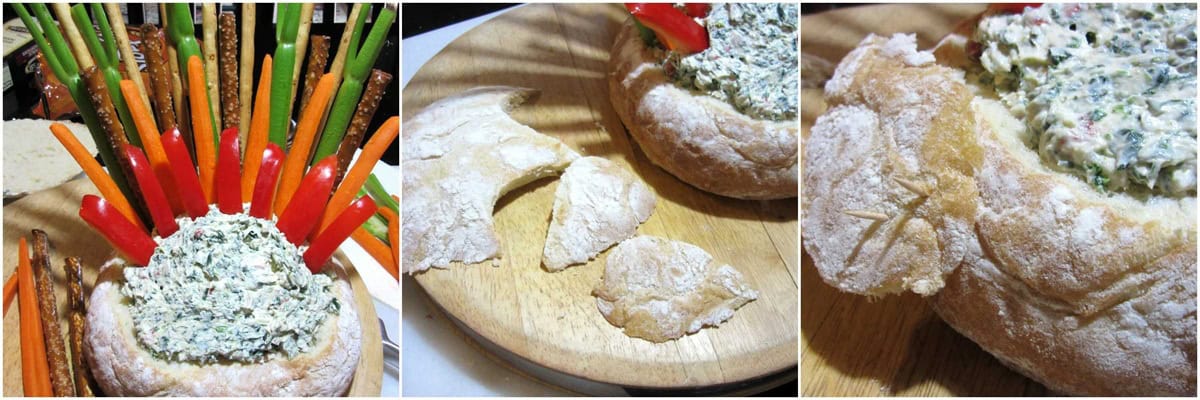 Three images of how to make a turkey bread bowl filled with spinach dip appetizer.