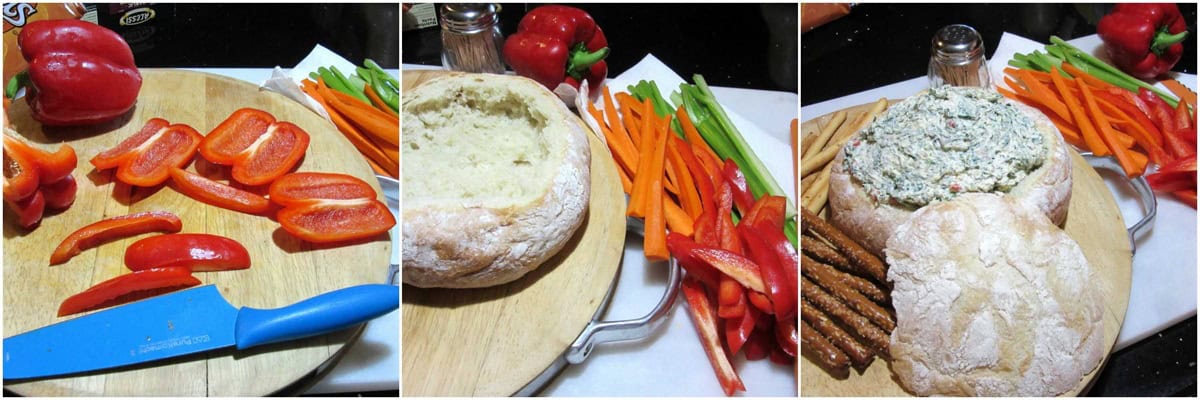 Vegetables and pretzels being chopped and assembled to add to a bread bowl.