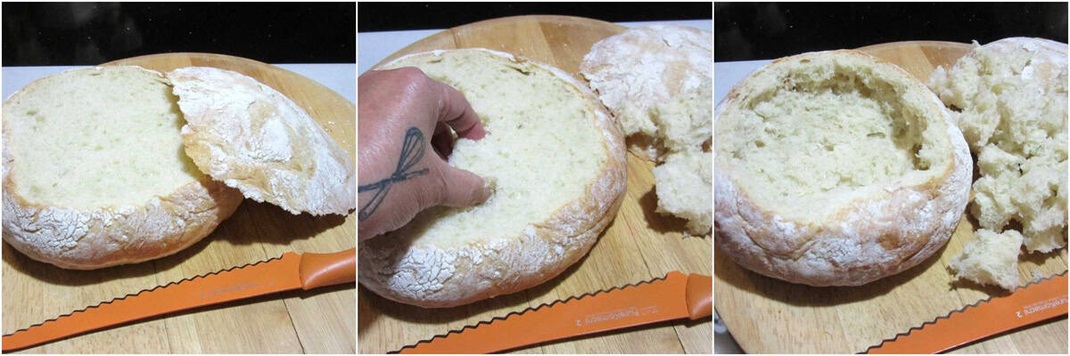 A three image collage showing how to remove the center from a bread bowl.
