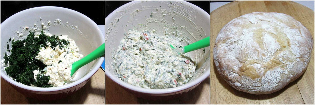Three images showing how to make spinach dip to go into a bread bowl.