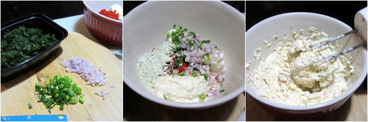 Making spinach dip with thawed frozen spinach.