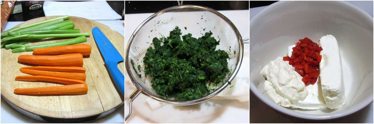 A three image collage of making spinach dip.